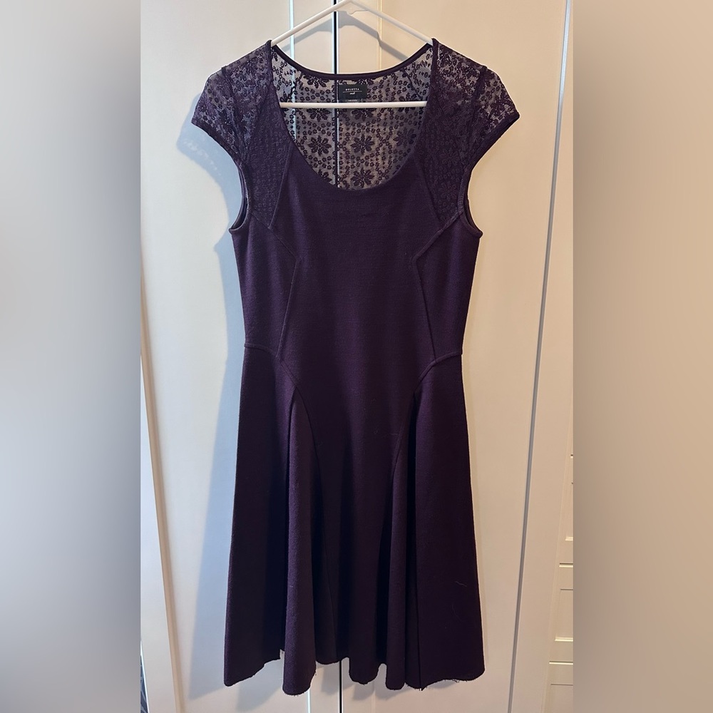 Deletta Deep Purple Anthropologie dress with lace back and lace mini sleeves